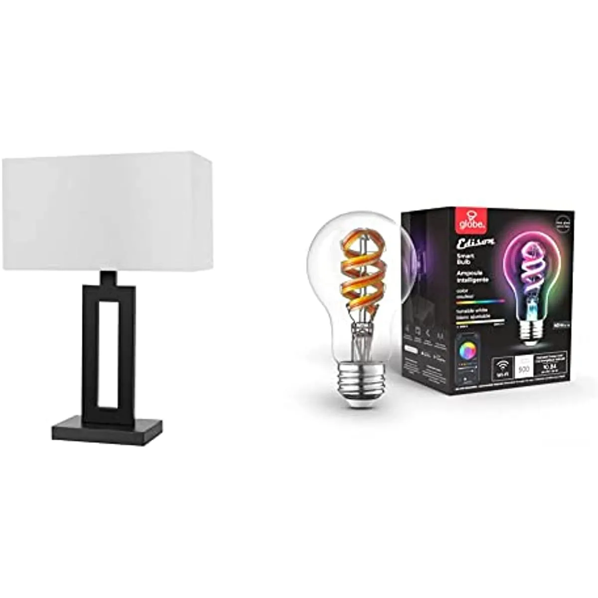 Globe Electric 67045 20" Matte Black Table Lamp 35850 Wi-Fi Smart 7W (40W Equivalent) Multicolor Changing RGB Tunable White Clear LED Light Bulb