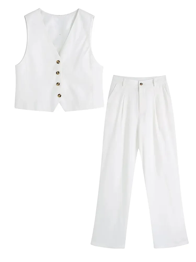 White Cotton Linen Pant Top Set Women And Vest Suit Long 