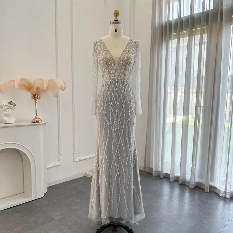 Jancember Beaded Long Sleeve Champagne Evening Dress Elegant Party