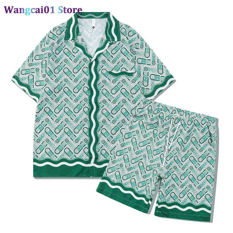 Wangcai01 Tracksuits heren Hawaii Printing Men Set Casual Tracksuits Fashion Brand Shirt Loose Shorts Suite Men Summer Digital Print Mens Summer Shirts Suit 0318H23