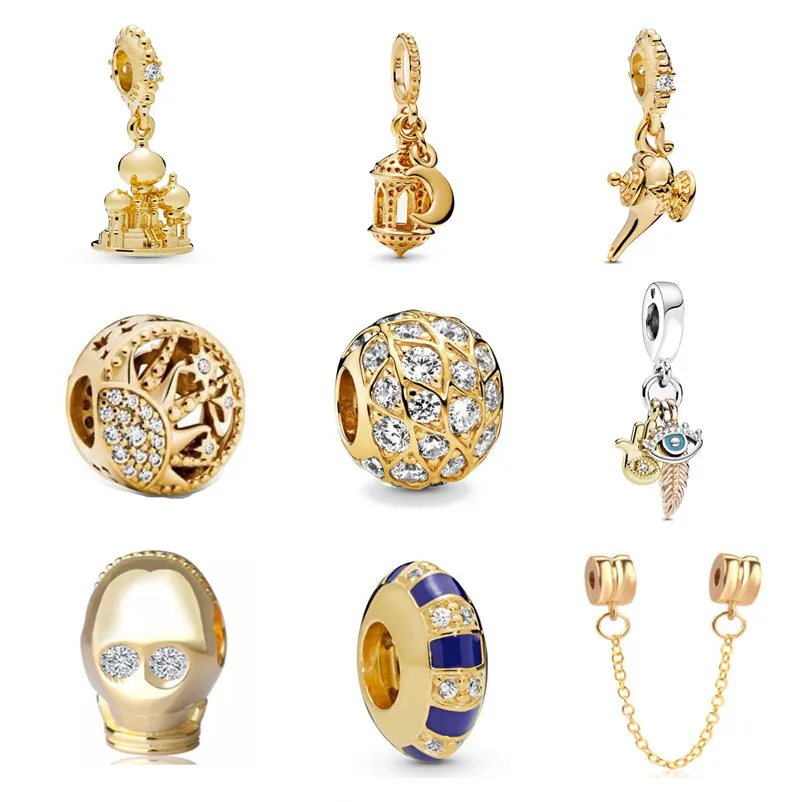 925 argento Fit Pandora Charms originali Ciondolo fai-da-te da donna Bracciali perline Etnico Vintage Gold Charm Beads