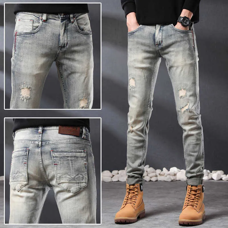 Jeans raschiati grigi belli leggeri Pantaloni dritti elastici per piedi piccoli slim fit primavera ed estate 2022 da uomo