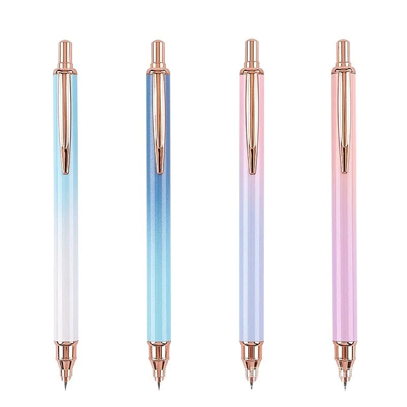 2023 nouveau design presse stylo plume rétractable couleur changeante paillettes or rose métal plume fine clic stylos plume avec étui en plastique protégé