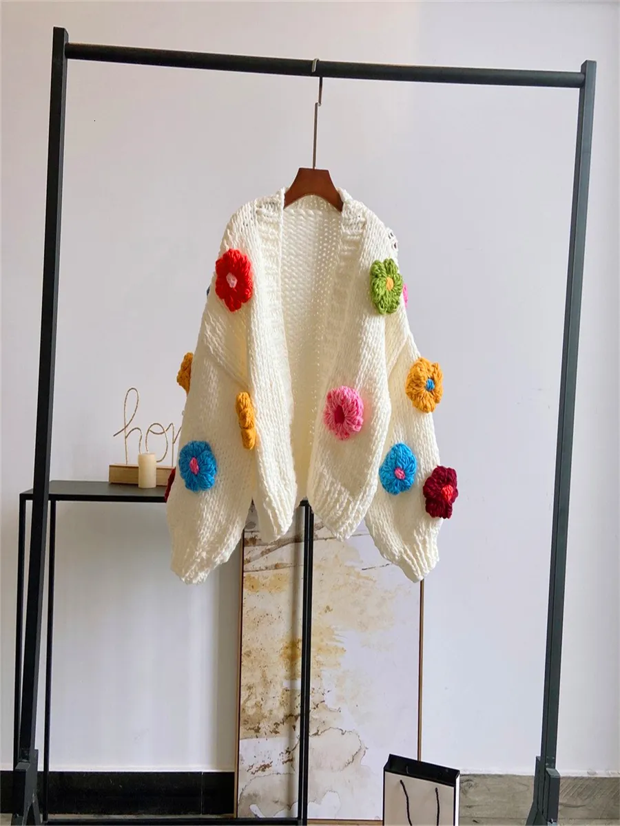 Women's Knits Tee Knitted Tops Autumn Winte 2023 Manual Flower Crochet Cardigans Loose Style Women Sweater Coat Cape 230317