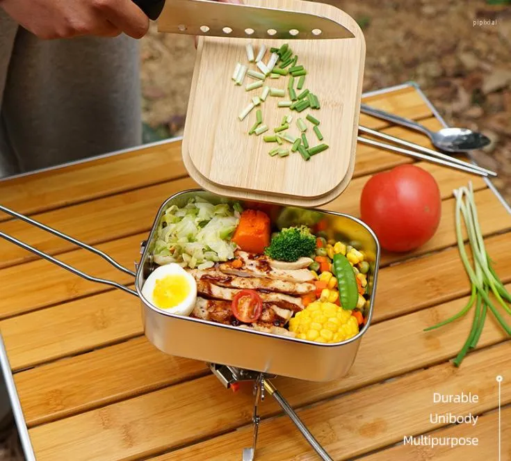 Set di stoviglie Scatola da pranzo in acciaio inossidabile con coperchio in legno Contenitori da viaggio per campeggio all'aperto Contenitori per barbecue per bambini giapponesi