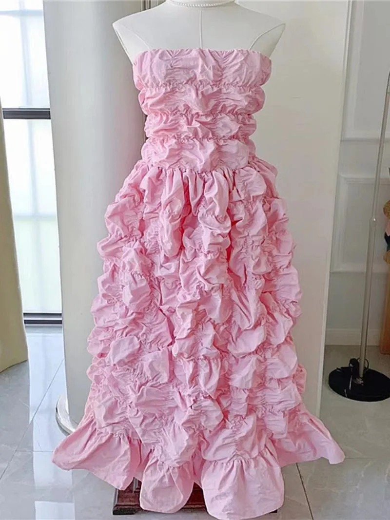 Vestidos casuais de ponta doce e elegante vestido de travessura rosa, mulher sem alças 2023 Summer Princess Aniversário à noite