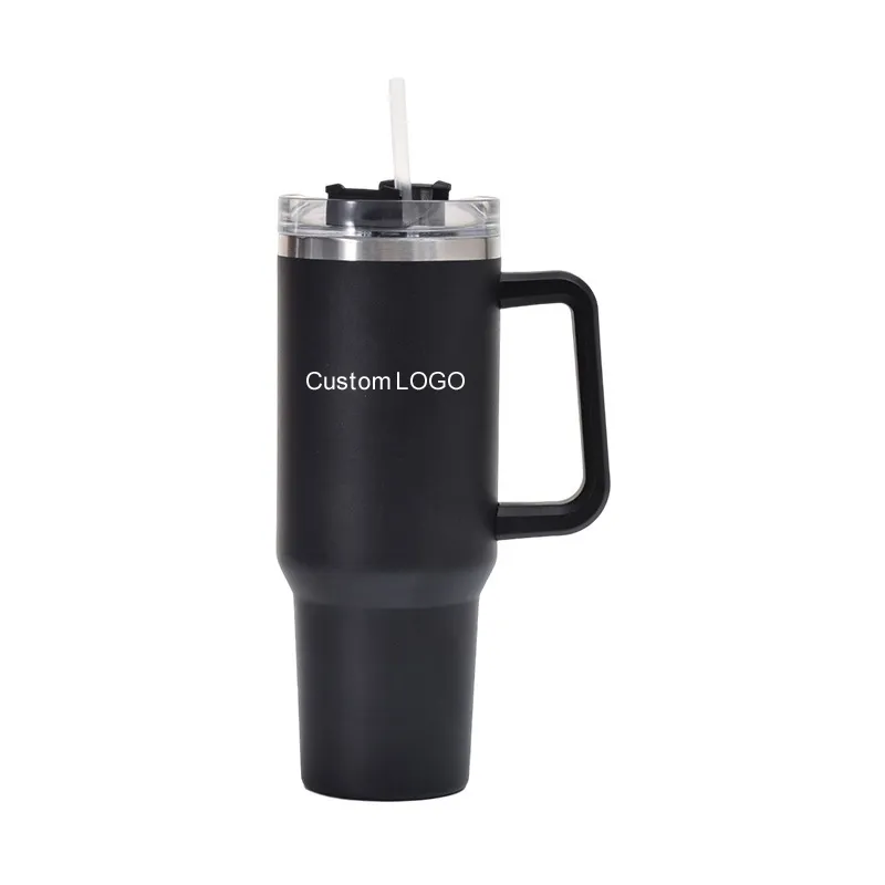 40oz roestvrijstalen tuimelaar met logo handgreeplid Stro grote capaciteit mok water fles poedercoating outdoor camping cup vacuüm geïsoleerd drinken aangepast logo