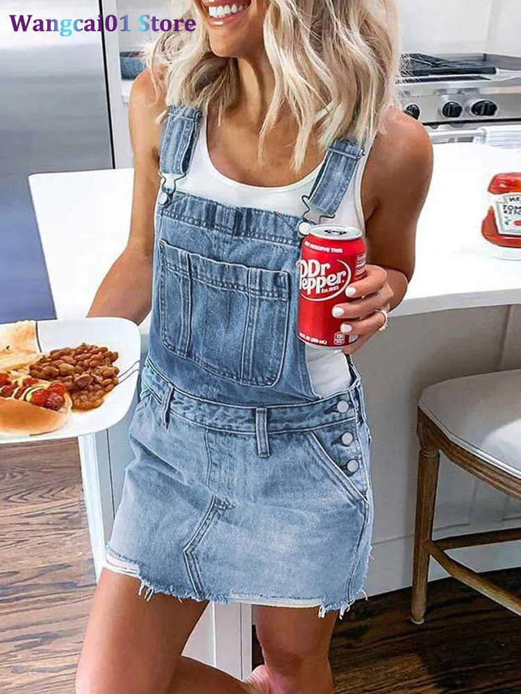 Casual Dresses Women's Frayed H Adjustab Strap Denim Overall Dress Classic Casual Mini Jean Dresses Pocket Sevess Suspender Short Skirt 0318H23