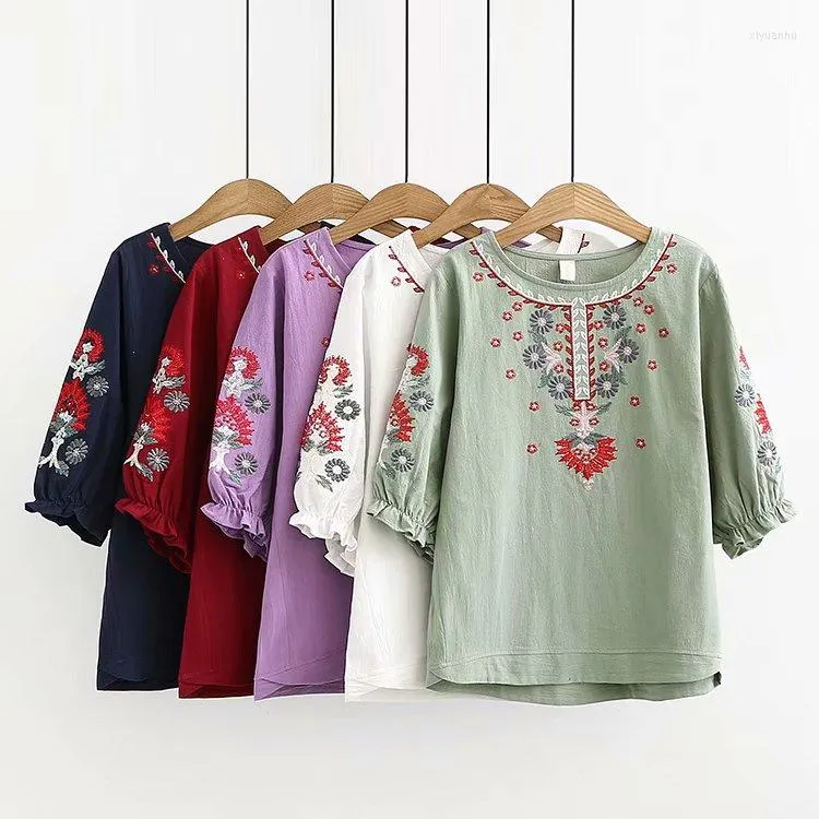 Women's Blouses Summer Short Sleeve O-Neck Ethnic Boho Women 2023 Embroidery Floral Hippie Ladies Tops Blusas Mujer 5 Colors