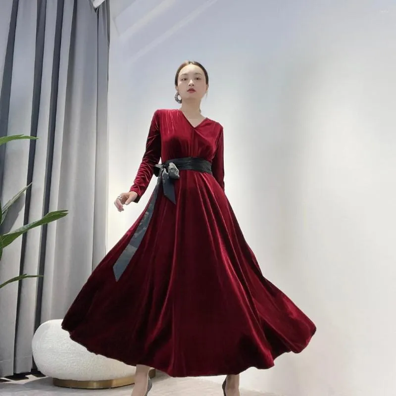 Casual Dresses Promotion 2023 Early Autumn Women Party Fashion Long Sleeve Waist Black Belt Vintage Style Burgundy Dress