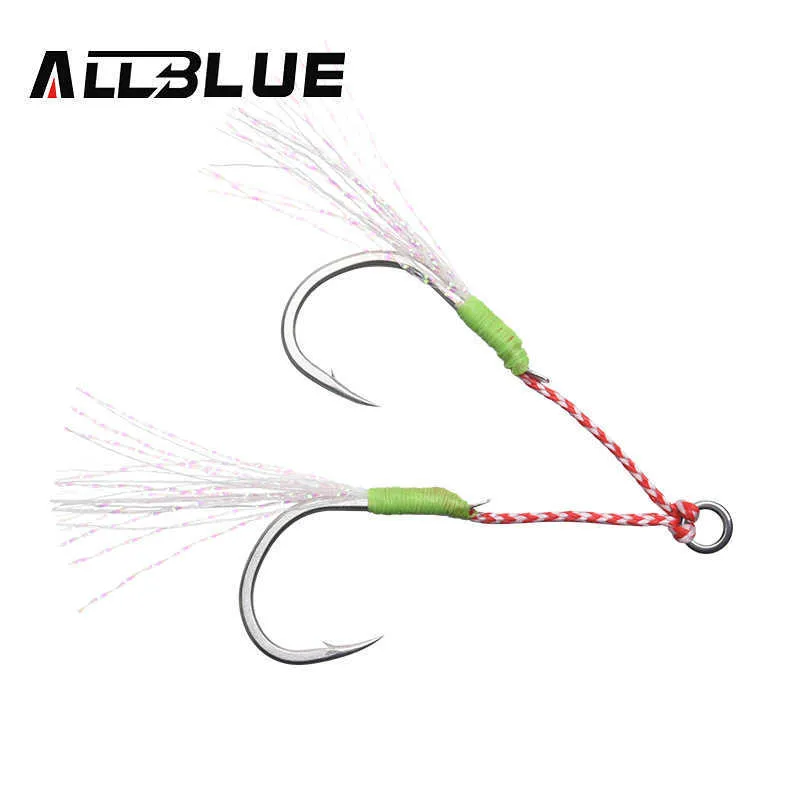 Ami da pesca ALLBLUE 4 paia / lotto Jig in metallo Gancio di assistenza luminoso con linea in PE Piuma Anello solido Cucchiaio da jigging Amo per esca da pesca 5-80g P230317