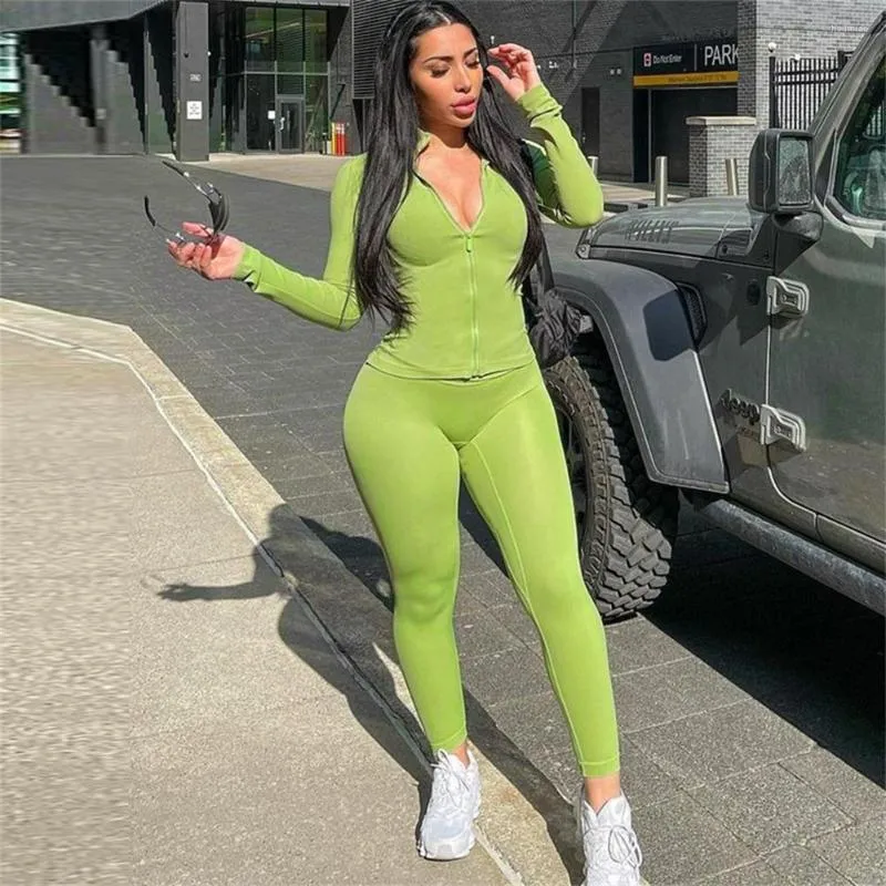 Women's Two Piece Pants Autumn Set Women Tracksuit Long Sleeve Zipper Pocket Sporty Jackets Leggings Matching Sets Workout Stretchy Outfits