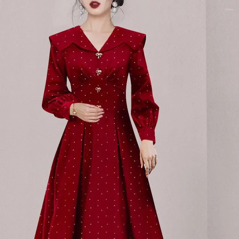 Midi V Neck Dress Wine Red Dot Print Vintage Casual Ladies Midi Party Dress  with Button Up and Lantern Sleeve from Dhgate Basic & Casual Dresses -  price 39.24