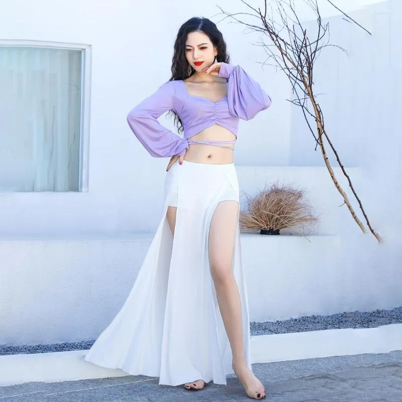 Stage Wear Long-sleeved Belly Dance Practice Clothes Bandage Double Slit Long Skirt Group Women Set