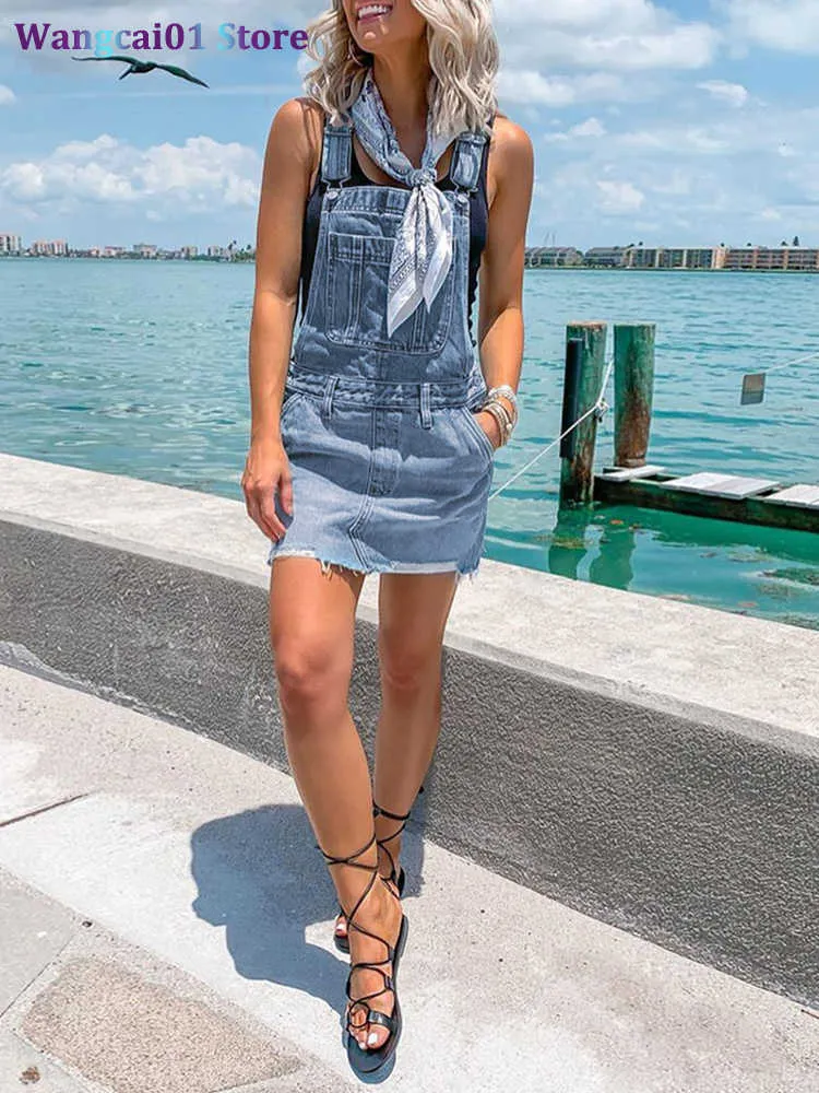 Casual Dresses Womens Frayed H Adjustab Strap Denim Overall Dress