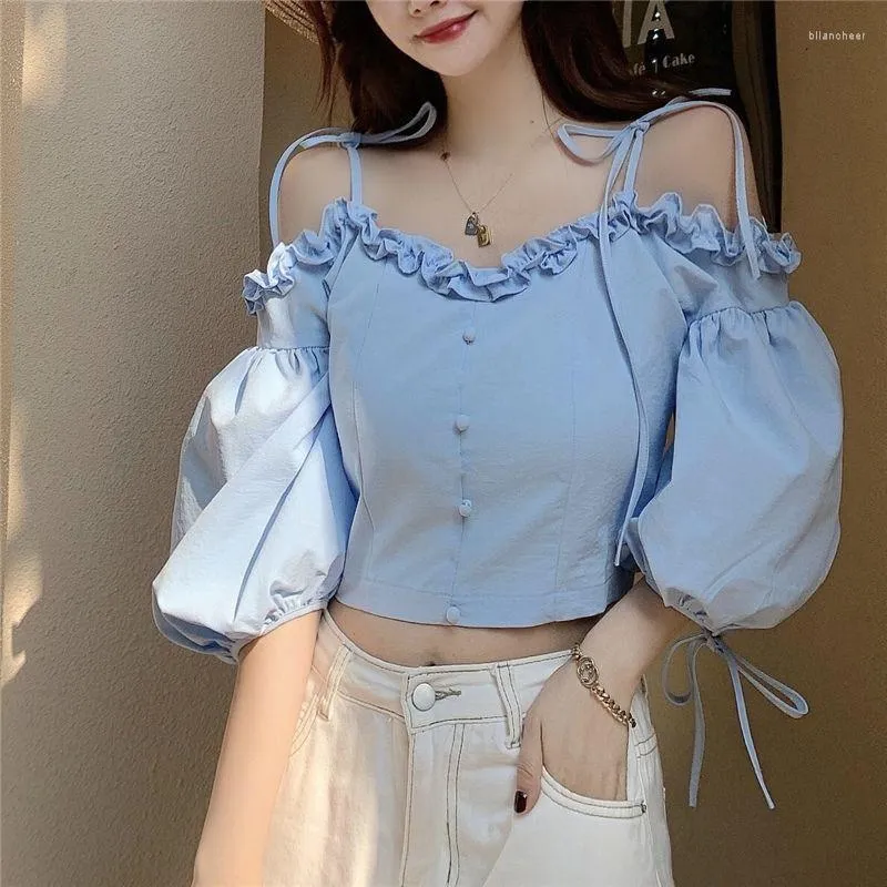 Camicette da donna Camicetta con spalle scoperte Top corto coreano Top da donna Taglie forti Lolita Camicia bianca con scollo a V con volant Camicia fredda 2023 Abiti estivi Blu