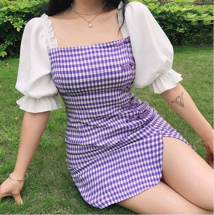 Vêtements ethniques Sexy violet Plaid col carré boucle Cheongsam robe femmes