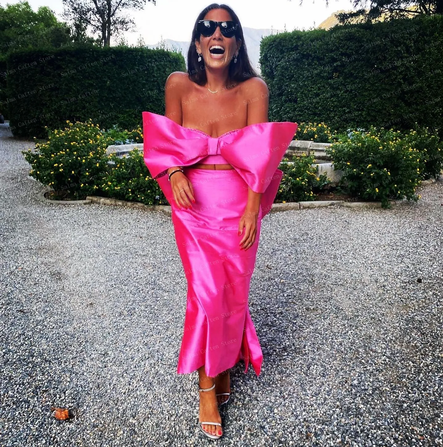 2024 Off Shoulder Fuchsia Satin Sheath Evening Gown with Large Bow Ankle Length Prom Dress in Celebrity Style