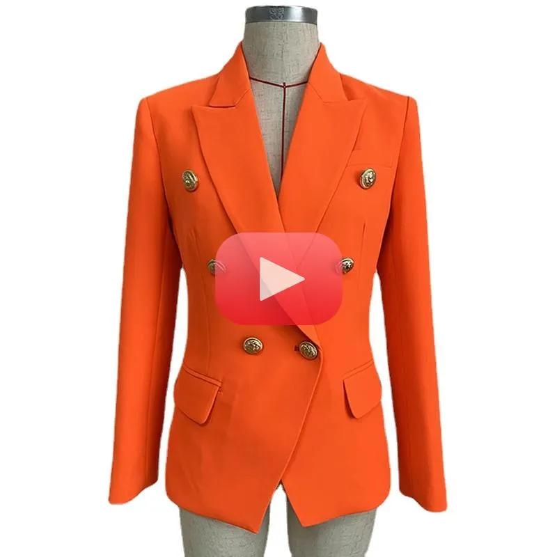 Damenanzüge, Blazer, klassischer Barock-Designer-Blazer, Metall-Löwenknöpfe, zweireihig, orangefarbene Damenoberteile, Winterkleidung für Damen