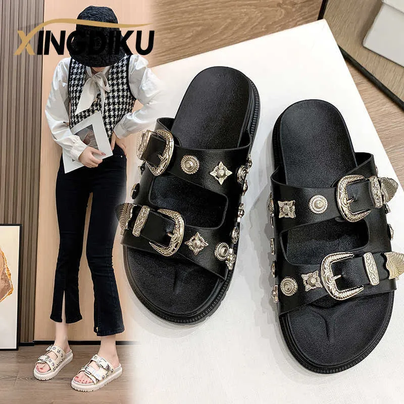 Sandal Punk Slippers Womens 2023 Spring Autumn New Metal Buckle Boutique Decoration Wedge Heel Comfortable Outer Wear 230302