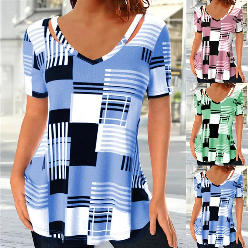 Women's Polo 2023 Summer Women's Explosive Check Print Short Sleeves Cutout V-neck T-shirt Women