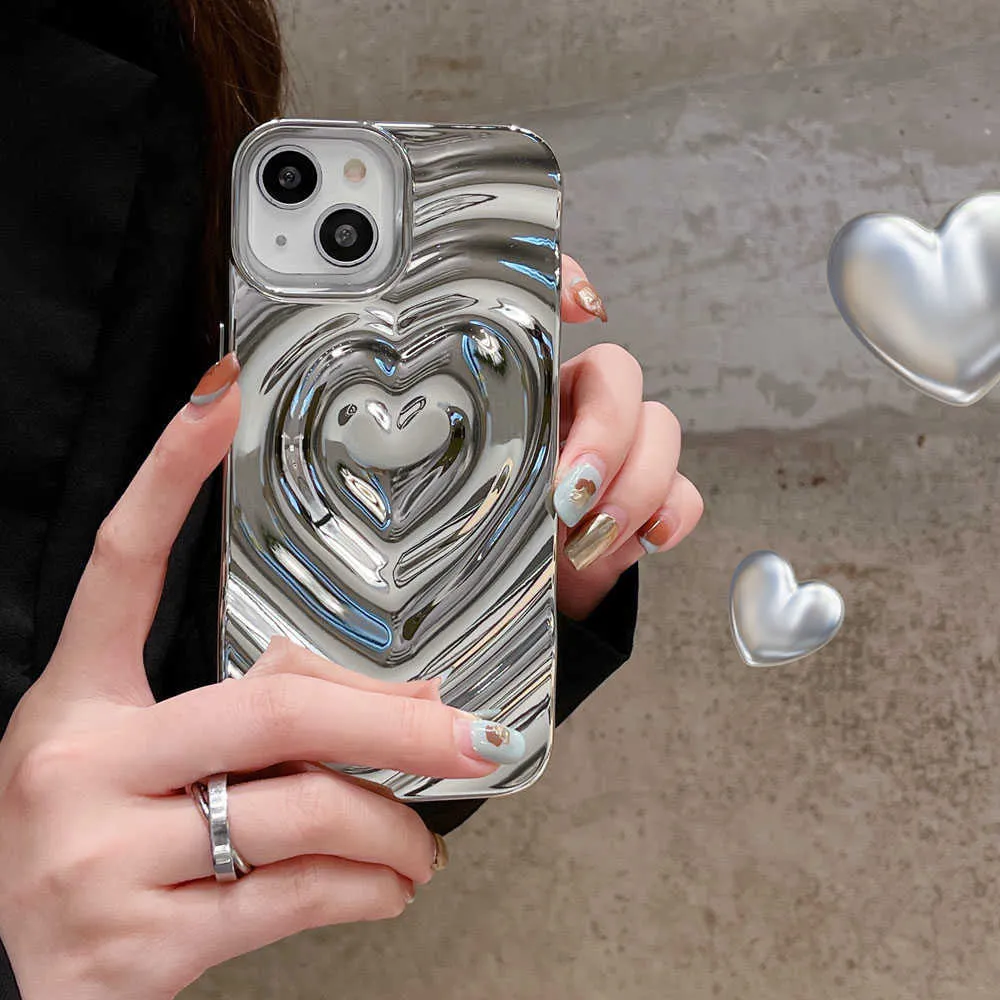 Mobiltelefonfodral Luxury Electroplate Silver 3D Heart Water Ripple Telefonfodral för iPhone 14 13 12 11 Pro Max Cases Soft Silicone Sock Proof Shell Z0316