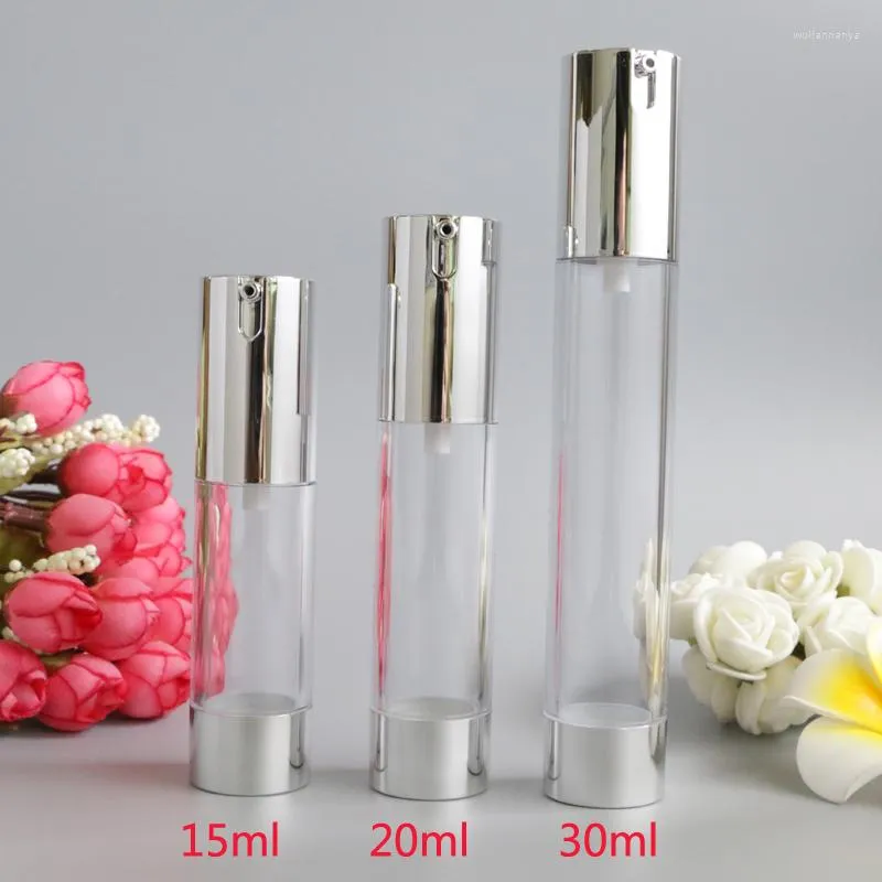 Storage Bottles 15ml 20ml 30ml Empty Airless Pump Silver Transparent Mini Portable Vacuum Cosmetic Treatment Travel Bottle 10pcs