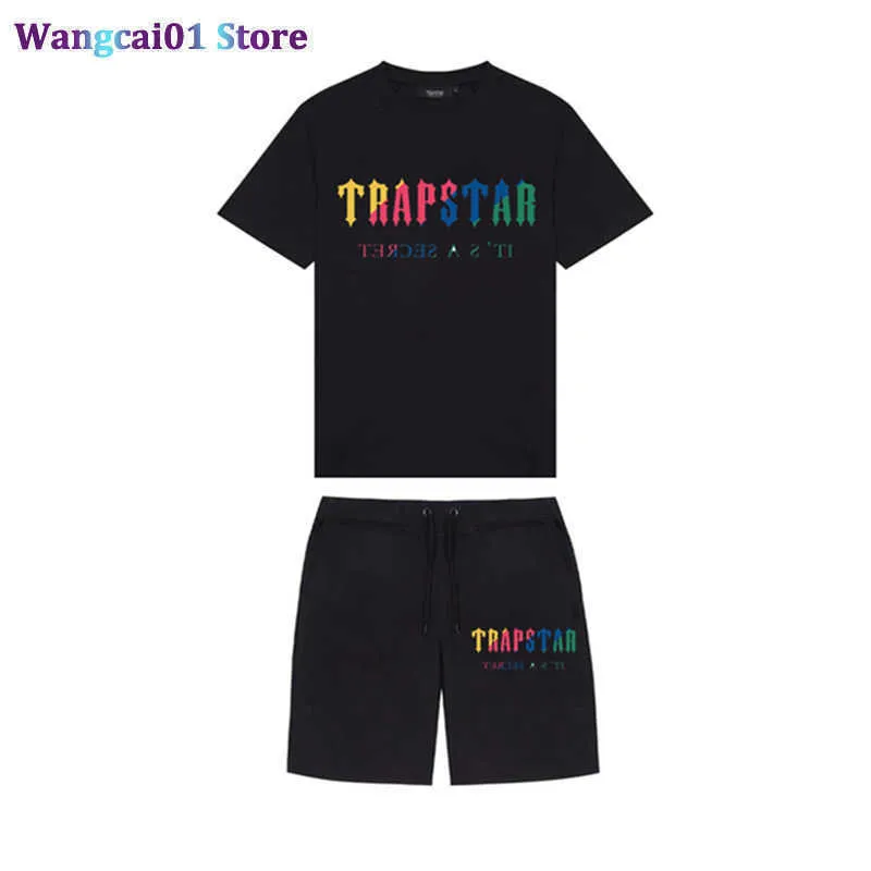 Wangcai01 Wangcai01 Мужские спортивные костюмы 2023 Trapstar Printed Men Men's Men's Men's Brand Короткие шорты для футболки. Случайный спортивный набор 0318H23 0318H23