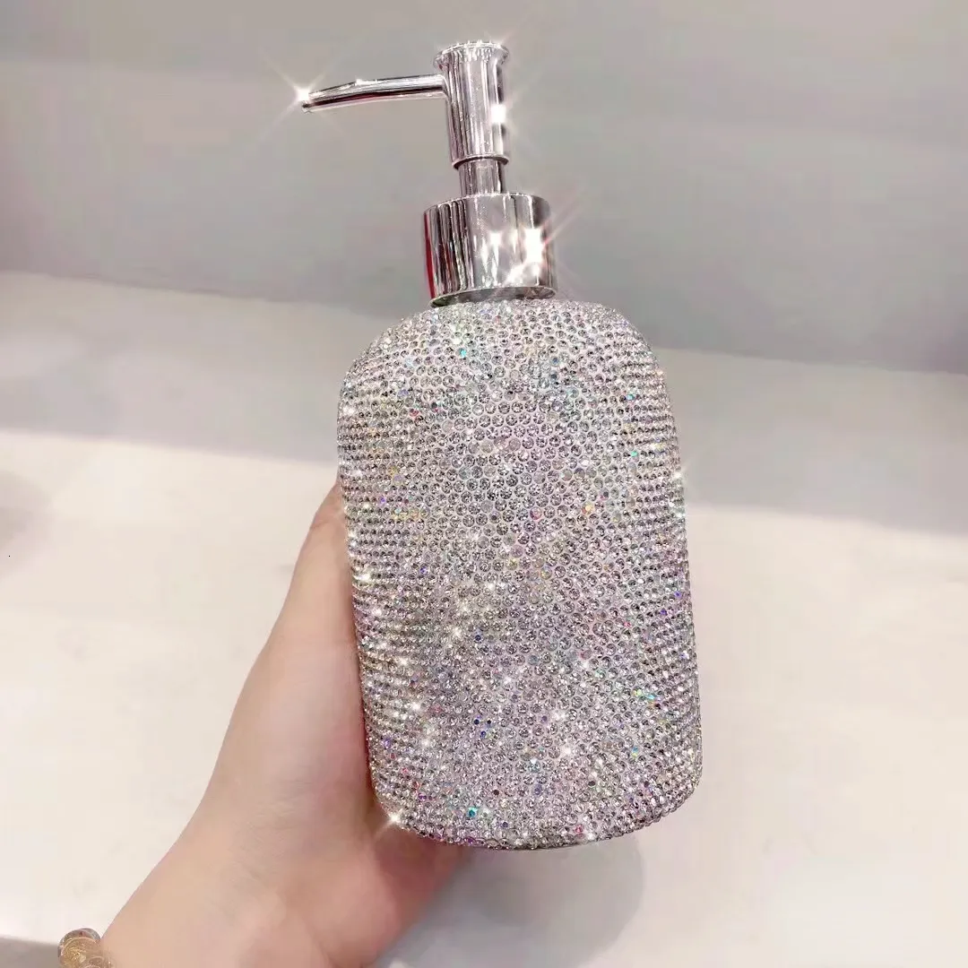 Liquid Soap Dispenser Bling Diamond Hand Sanitizer Bottle 500ml Glass Bathroom Soap Shampoo Shower Gel Dispenser Liquid Lotion Refill Press Head Pink 230317