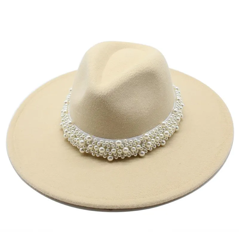 Chapéus de aba larga 9,5cm Big Unissex Solid Color Soletom Pérola lateral de lã Felta jazz fedora elegante homem mulher panamá trilby tampa atacado