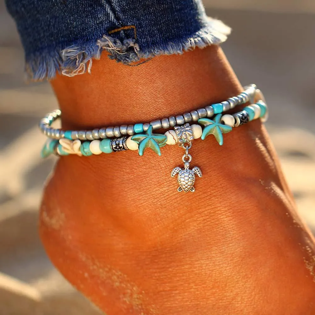 Meerdere lagen zeester shell enkeldjes voor vrouwen vintage boho yoga kralen ketting anklet armband voet ketting strand sieraden groothandel