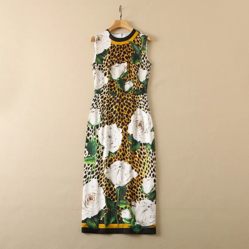 Spring Round Neck Natural Real Silk Dress Floral Print Multicolor Sleeveless Leopard print White Rose Mid-Calf Pencil Dresses 22G210040