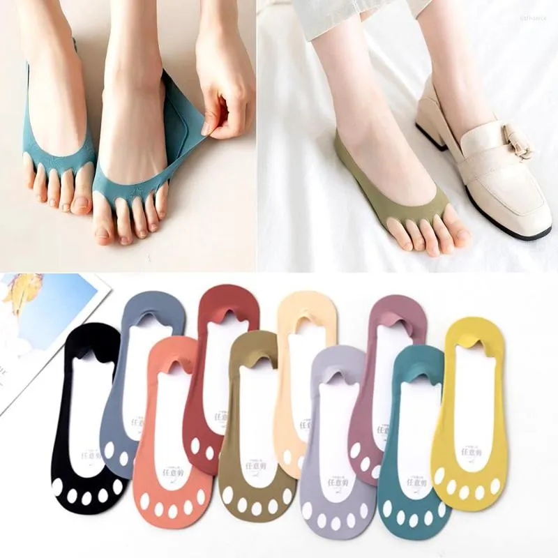 Women Socks Hollow Five Fingers Women's Ice Silk Solid Color Shallow Mouth Open Free Toe Breathable Soft Cotton Bottom