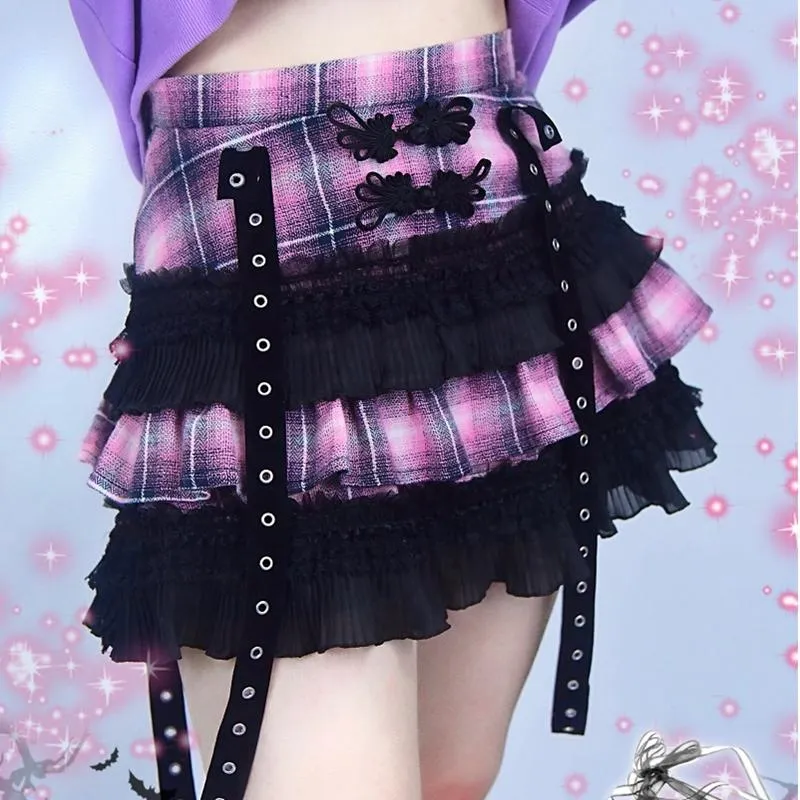 التنانير اليابانية Harajuku Girls Pink Plaid عالية الخصر مطوية ثوب الكرة الشرير الحلو لوليتا كعكة صغيرة التنورة