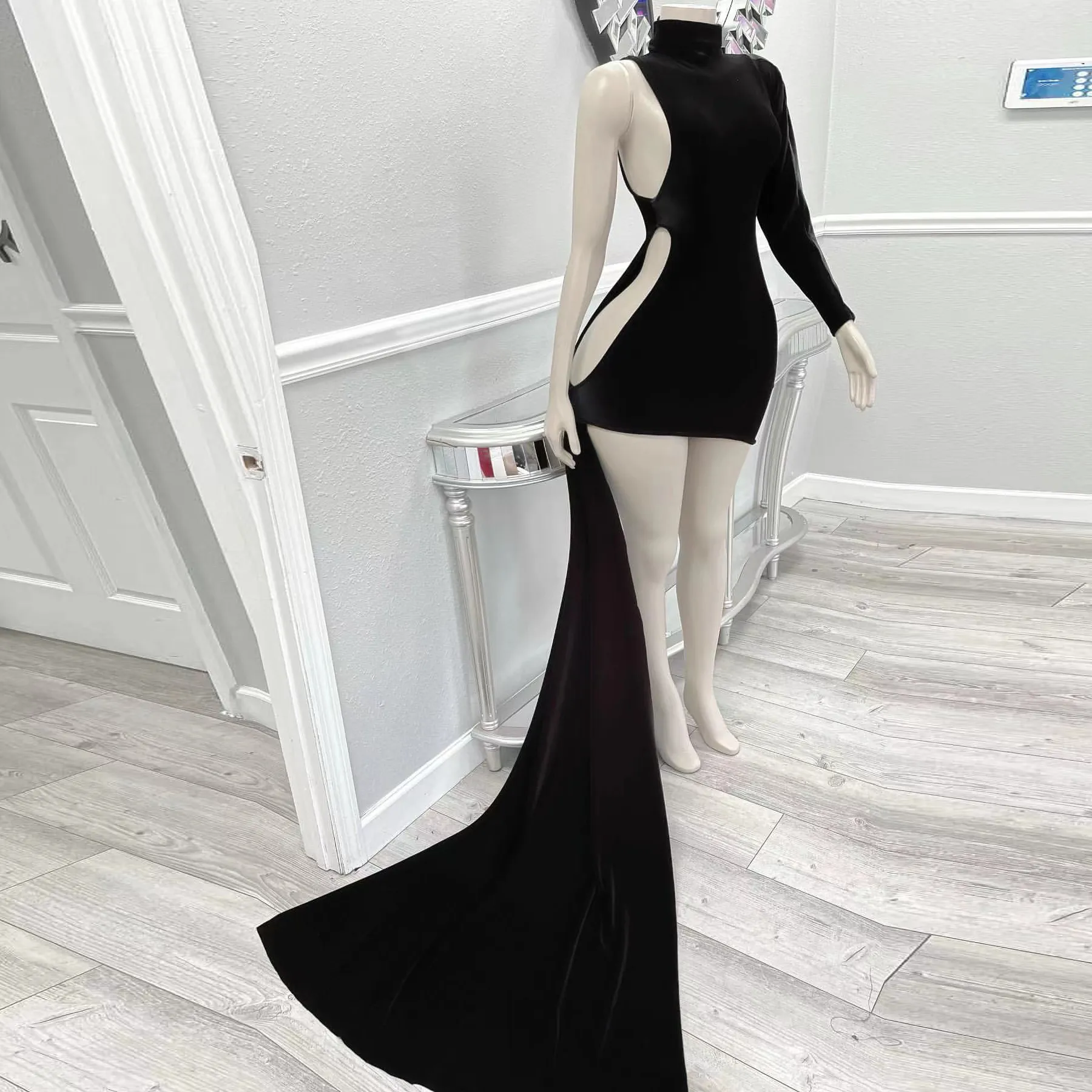 Black Cocktail Dresses Superior High Neck Fashionable Dress Vestidos Mini Skirt Celebrity Party Velvet Prom Gowns Cutom Made