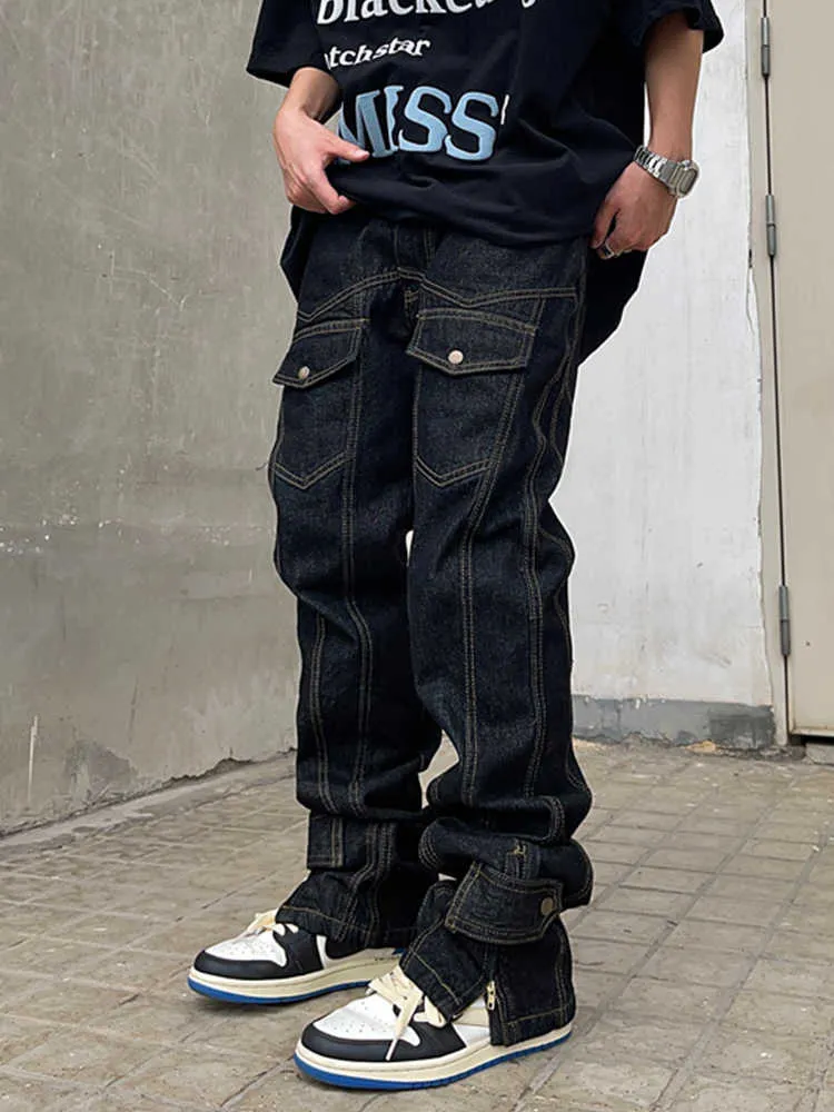 Men's Jeans New Trendy Large Poets Men's Denim Cargo Pants Streetwear  Skateboard Fashion Designer Spliced Slit Full Leng Baggy Jeans Men Z0315