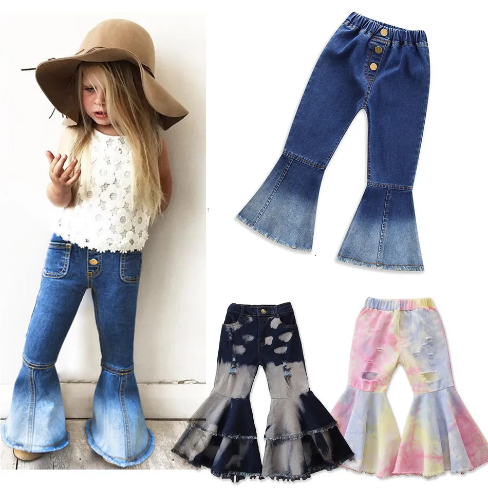 Jeans Girls Bell-bottomed Pants Elastic Waist Spring Children Trousers Outfits Baby Flare Costume Fashion Kids Clothing JYF 230317