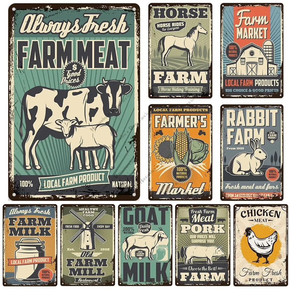 Farm Metal Tin Sign Animal Wall Plate Home Plaque décorative Bar Club Wall Metal Signs Poster Fresh Meat Rusty Wall Metal Plaque 30X20cm W03