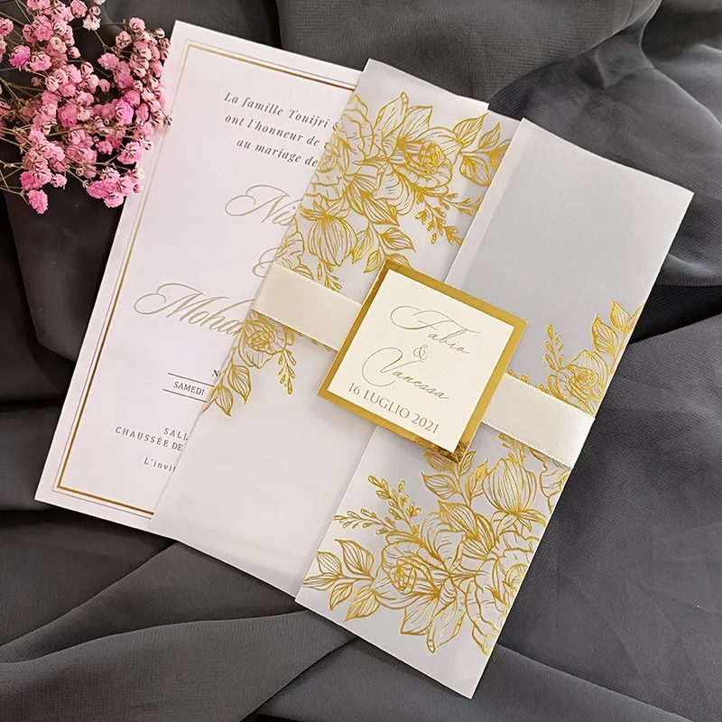 Greeting Cards 50pcs/lot Flower Transparent Personalized Print Wedding Invitations With Gold Metallic Tag And Envelope DIY Sweet 15 Invite 230317
