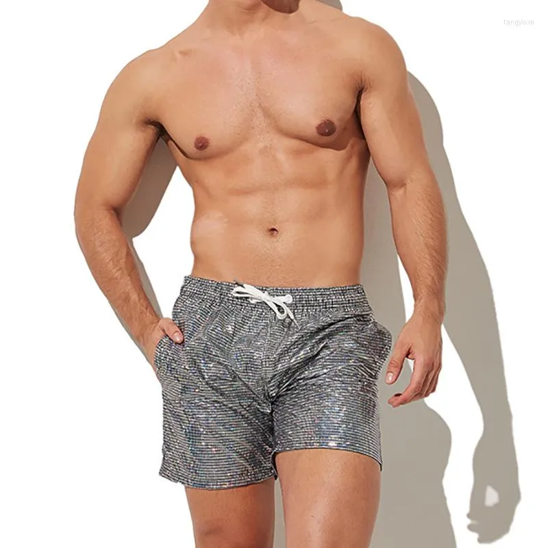 Men's Shorts Mens Sequined Casual Pocket Sports Loose Sweatpants Swimming Trunks Swimwear Bikini Pantalones Shiny Bling Streetwear 2XL