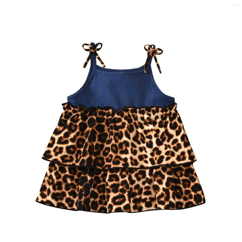 Abiti da ragazza 3-6 anni Abito senza maniche per bambini Stampa leopardata con cuciture in denim Decorazione con volant Abbigliamento estivo