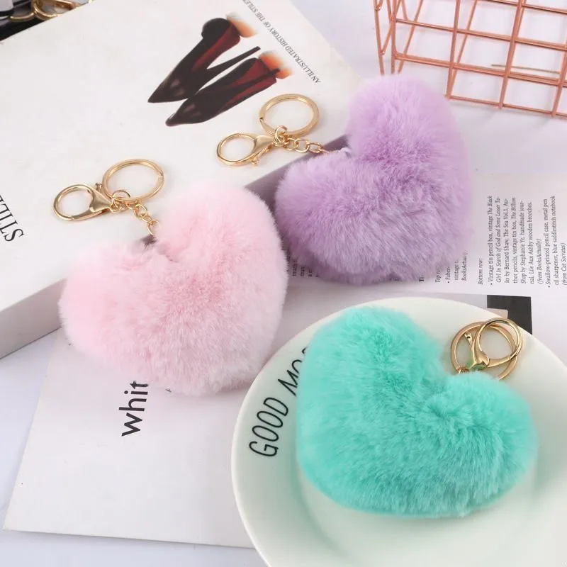 Party Favor Heart Pom Pom Keychain Bulk Ball Faux Fur Fluffy Key