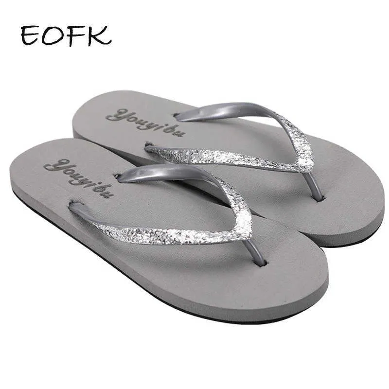 Slippers EOFK Women Flip Flops Summer New Outside Slippers EVA Soft Casual Shinny Glitter Ladies Candy Colors Beach Flat with Solid Z0317