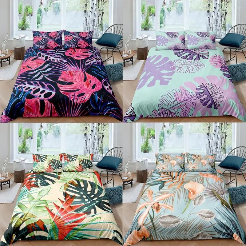 Sängkläder sätter 3D -palmblad Set Däcke Cover Pudow Case For Teens Kid Adult Home Bedroom Luxury Bed 2/3pcs quilt