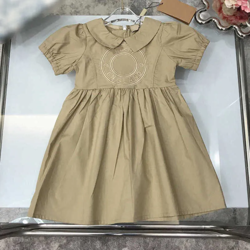 23ss Designer brand kids dress girls Fashion lapel Bubble sleeve dresses Solid color dresss Embroidered alphabet logo skirt Baby Clothes a1