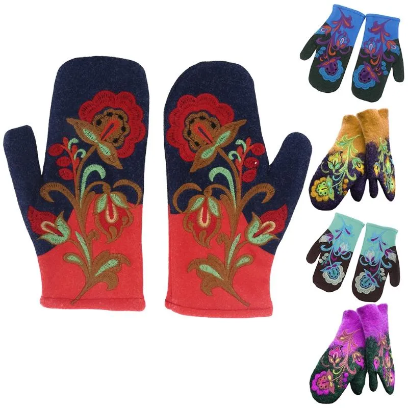 Cinq doigts Gants Femmes Hiver Faux Cachemire Épaissir Chaud Doigt Complet Ethnique Vintage Coloré Floral Brodé Thermique Mitaines MXMB