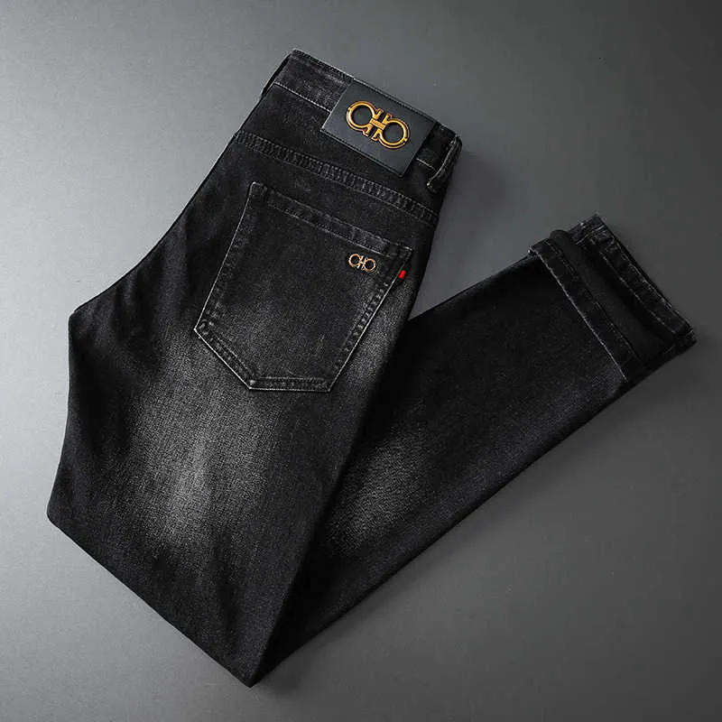 Kong Hong Premium Black Jeans Men's2023 Spring Fashion Brand Slim Fit Feetパンツ