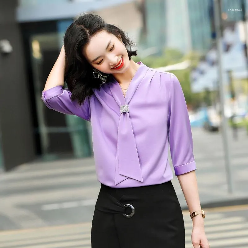 Women's Blouses Half Sleeve Elegant Purple Fashion Styles Shirts For Women Business Work Wear Ladies Office Blouse Clothes Tops Blusa