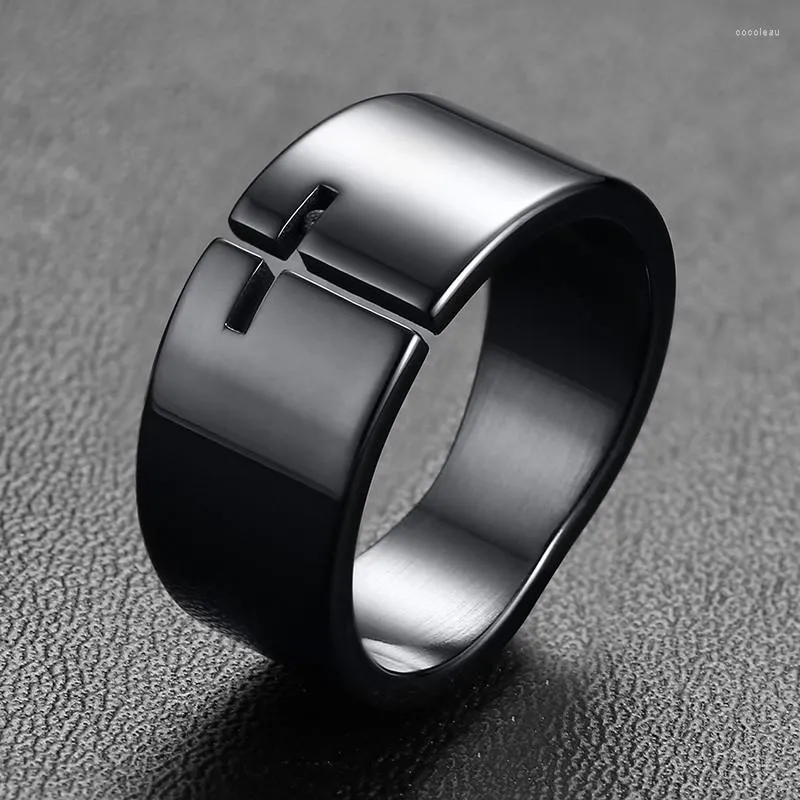 Bagues de cluster Modyle Punk Hollow Cross Bague pour hommes Noir Acier inoxydable Forme irrégulière Bande Casual Mâle Religieux Jésus Bijoux