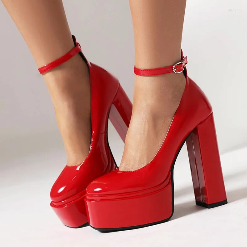 Dress Shoes Large Size 48 Women High Chunky Heels Wide Fit Thick Platform Ankle Strap Sandals Bright Patent Ladies Pumps